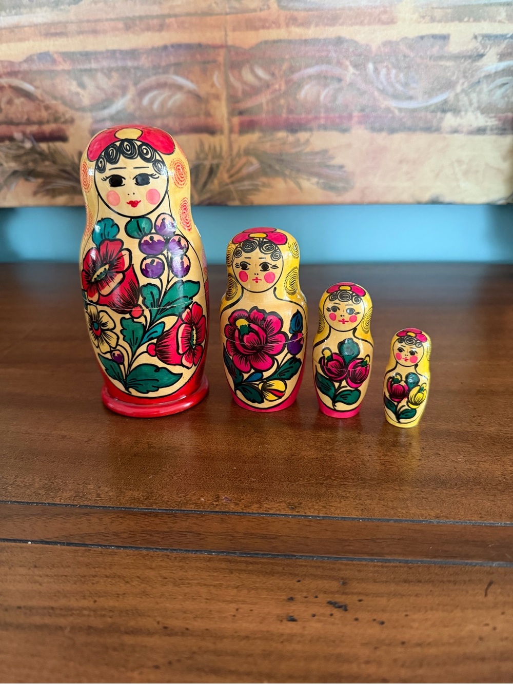 Hand-Painted Russian Nesting Dolls Matryoshka Set - Yellow & Red Floral